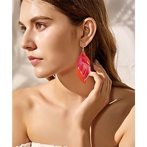 ANXIN boho unique Leather Earrings 2 Layered Lightweight Faux Leather Leaf Earrings Layered Design Drop Earrings Gift for Women - color: Orange Faux Leather Leaf Earrings