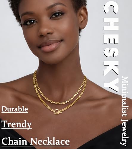CHESKY Layered Necklaces for Women, 14K Gold Plated Chain Necklace Women Trendy Cuban Link Paperclip Chain Toggle Clasp Necklace Fashion Chunky Jewelry for Women - style: Paperclip/Toggle-GD