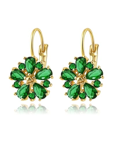 Vintage 14K Gold Plated Flower Birthstone Earrings - Hypoallergenic Leverback Floral Earrings, Trendy Jewelry Gifts for Women - color: Emerald Green