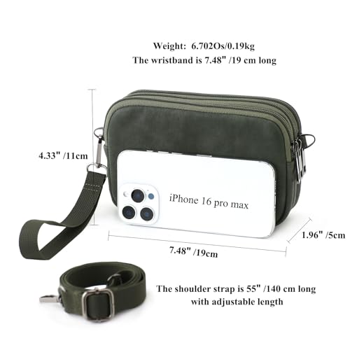Small Wristlet Wallet for Women, 3-Zip Crossbody Phone Purse - color: Olivegreen/Pu