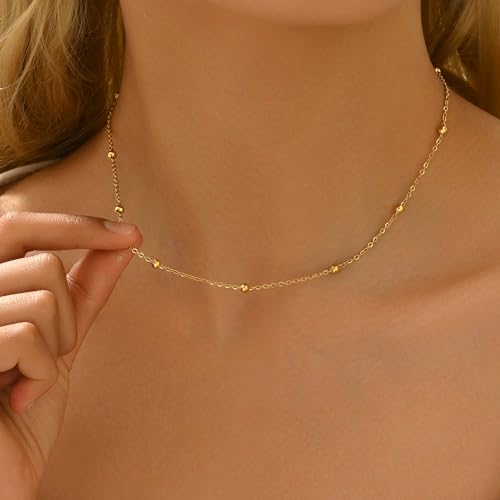 NONAMOIS Gold Chain Necklace for Women Dainty 18K Gold Plated Thin Satellite Beaded Turquoise Necklace Simple Layered Boho Jewelry Christmas Gifts - color: Beaded-Gold