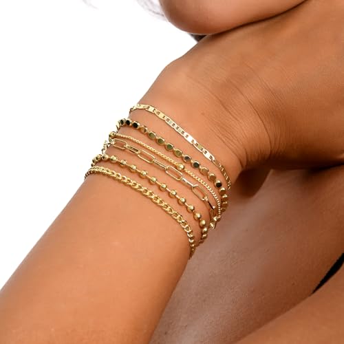 Dainty Gold Bracelets for Women, 14K Gold Plated Stackable Bracelet Set, Adjustable Beaded Cuban Paperclip Herringbone Figaro Snake Rope Chain Jewelry - style: Set9 Gold 6Pcs