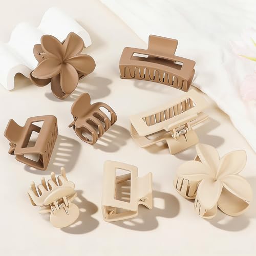8 Pcs Matte Hair Clips for Women, Strong Hold Non-Slip Claw Clips for Girls, Flower Hair Clips for Thin Hair, Rectangle Claw Clips for Thick Hair, Neutral Colors Hair Accessories（Cream & Beige ） - color: White