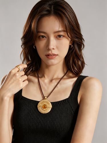 Kelake Leather Necklace for Women Men Teen Vinatge Boho Alloy Pendant Choker Jewelry Fashion Sweater Necklaces with Adjustable Genuine Leather Chain - color: Brown Jade Aztec-Style Gold Pendant