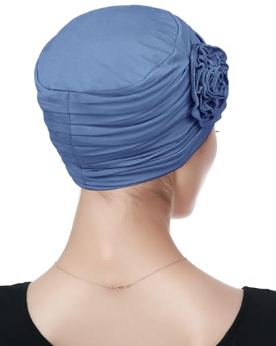 Alnorm Flower Design Chemo Hair Loss Caps Cancer Headwear for Women - color: Blue Fog