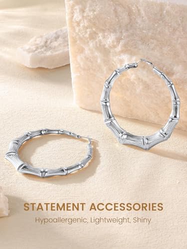 KeyStyle Bamboo Hoop Earrings for Women, Stainless Steel 90s Hoops Earring Lightweight Loops for Party, 2 mm Thick Hypoallergenic Vintage Circle Endless Thin Hoop (40mm, 60mm, 80mm,) - color: Stainless Steel-80mm