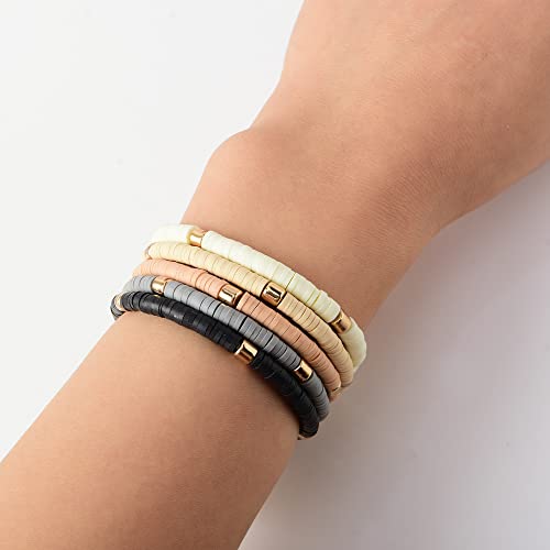 GOOJIDS Surfer Heishi Clay Bead Bracelets for Women Bohemian Stackable Gold Plated Beaded Stretch Bracelets Elastic Layering Friendship Bracelets Set Boho Jewelry - color: B-New Surfer Color B