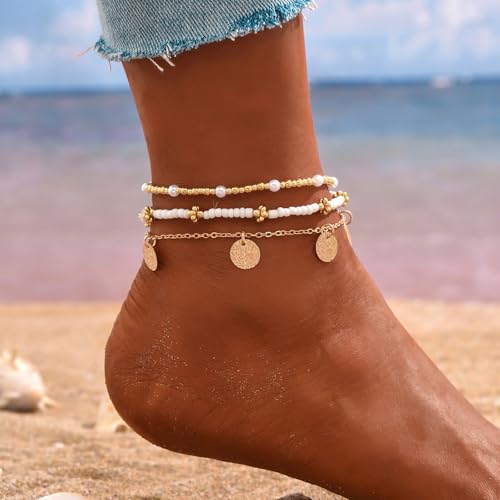Qceasiy Shell Ankle Bracelet Set for Women, Gold Plated Boho Bead Adjustable Anklet, Hawaiian Beach Seashell Pearl Heart Starfish Conch Foot Jewelry Gifts - color: Disc 3Pcs