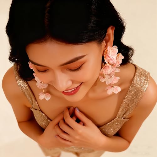 Fabric Flower Earrings for Women Colorful Long Tassel Floral Drop Earrings Fashion Boho Exaggerated Statement Beach Party Jewelry - color: Color Pink