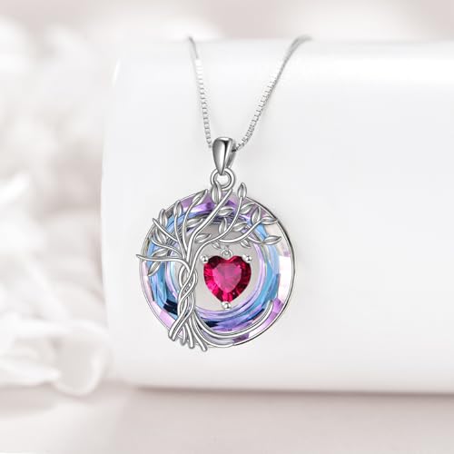 POPLYKE Mothers Day Gifts for Mom Her Wife Tree of Life Necklace 925 Sterling Silver Birthstone Pendant with Crystal Anniversary Birthday Wedding Jewelry for Women - color: 07-Jul-Ruby, style: White Gold Plated-Amethyst Crystal