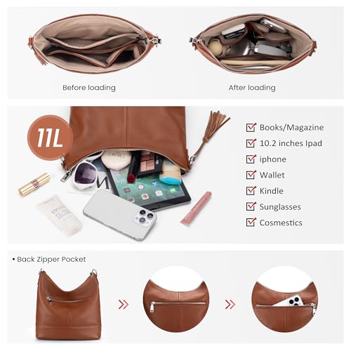 Genuine Leather Hobo Crossbody Bag for Women, Soft Real Leather Bucket, Shoulder Handbag Purse with 2 Removable Strap - color: Dark Brown