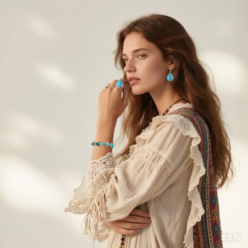 4 PCS Western Turquoise Jewelry for Women Boho Vintage Navajo Pearl Necklace Earring Bracelet Ring Set Country Cowgirl Accessories for Gift - color: C-Blue