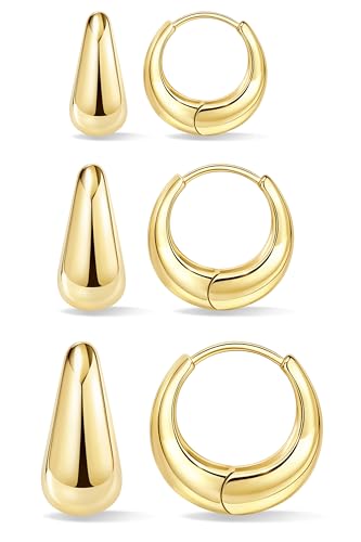 Poxtex Small Sterling Silver Huggie Hoop Earrings Set for Women, Hypoallergenic 14K Gold Plated Hoops Stacks for Multiple Piercings, Dainty Cute Mini Lightweight Cartilage Studs Trendy Jewelry Gift - color: Gold-chunky hoops 8 10 12