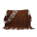 JEN & CO. Sadie Fringe Crossbody Bags for Women Vegan Suede Shoulder Purse with Adjustable Guitar Strap Boho Handbag - color: Dark Brown