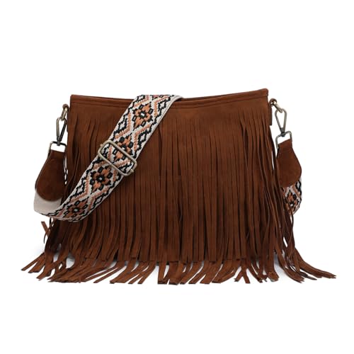 JEN & CO. Sadie Fringe Crossbody Bags for Women Vegan Suede Shoulder Purse with Adjustable Guitar Strap Boho Handbag - color: Dark Brown