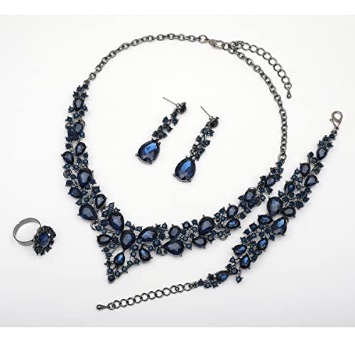 CSY 4 Pcs/Set Austrian Crystal Necklace Earrings Bracelet Ring Bridal Jewelry Sets for Brides Wedding Party Costume Accessories Gifts for Women - color: 02-black-navy blue