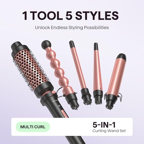 Wavytalk 5 in 1 Curling Wand Set, Multi Curl, Curling Wand Set with Thermal Brush and 4 Interchangeable Ceramic Curling Wand(0.5”-1.25”), Instant Heat Up Wand Curling Iron - color: Classic Rose Gold