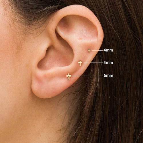 VRIUA 20G Tiny Flat Back Earrings for Women - 14K Gold/Silver Plated Small Flat Back Stud Earrings Hypoallergenic Cartilage Helix Piercing Jewelry - color: 4/5/6mm-Cross Flat Gold