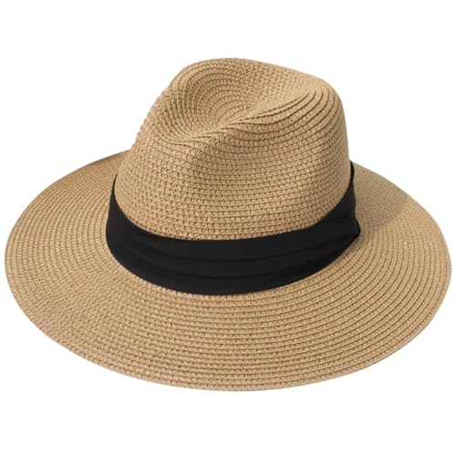Lanzom Women Wide Brim Straw Panama Roll up Hat Fedora Beach Sun Hat UPF50+ - color: Brown/Black, size: One Size-Small