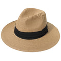 Lanzom Women Wide Brim Straw Panama Roll up Hat Fedora Beach Sun Hat UPF50+ - color: Brown/Black, size: One Size-Small