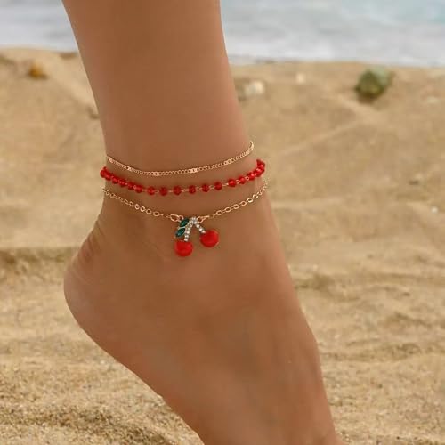 3 pcs Gold Ankle Bracelets for Women Dainty Cherry Pendant Layered Link Chain Anklets Waterproof Fruit Anklet Set Summer Beach Jewelry