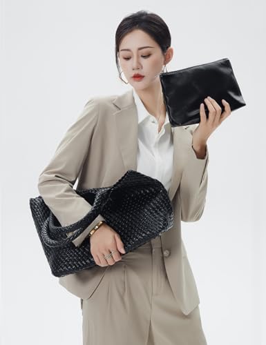 Handmade Woven Tote Bag for Women, Soft Vegan Leather Shoulder Bag with Purse, Large Travel Handbag - color: Black