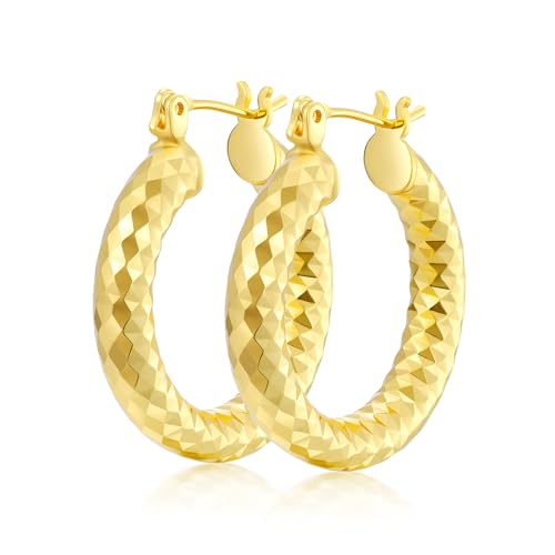 Gold Plated Hoop Earrings for Women 14K Gold Plated Earrings for Women Hypoallergenic Lightweight Wrinkle Texture Earrings Womens 20mm/25mm/30mm - size: 25mm