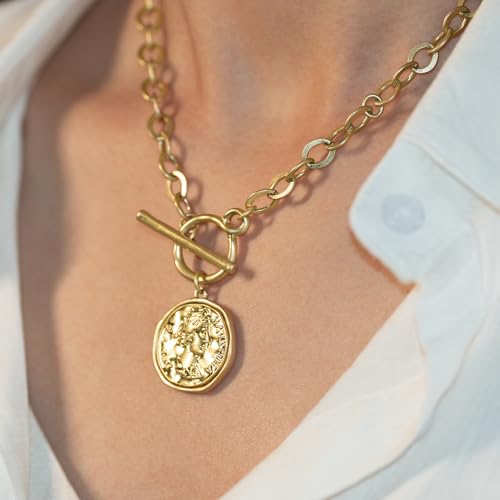 Chunky Gold Coin Pendant Necklace Trendy Layered Statement Chain for Women, Antique Toggle Design with Thick Link, Fashionable Necklaces for Women - color: 2pcs worn gold coin + Herringbone