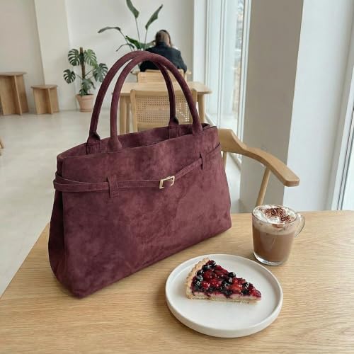 Base’ic Women’s Suede Tote Bag with Gold Hardware – Trendy Slouchy Shoulder Hobo Satchel Handbag Work Purse Travel Gift - color: Burgundy (Gold Hardware)