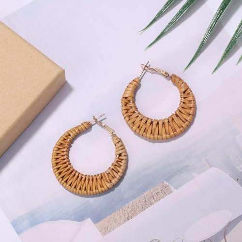 Boho Handwoven Rattan Hoop Earrings, Summer Beach Rattan Earrings Cute Hoop Dangle Drop Lightweight Bohemian Weaving Jewelry for Women Fashion Travel Essentials