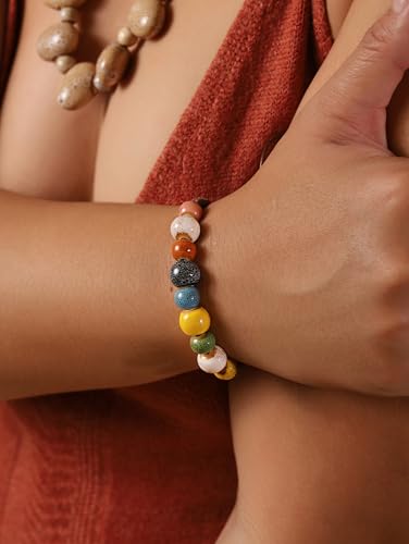 MINACHI Bohemian Colorful Ceramic Bead Adjustable Leather Bracelet, Boho Hippie Summer Jewelry Gift for Women - color: S02B