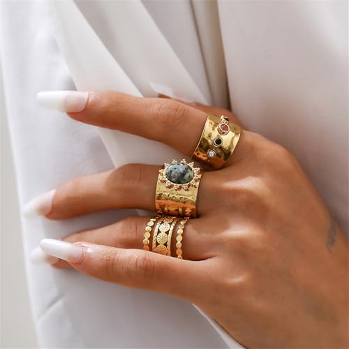 3Pcs Chunky Statement Ring Set for Women,Stackable Wide Band Rings Vintage Shiny Crystal Adjustable Finger Rings Statement Aesthetic Ring Pack - color: Gold