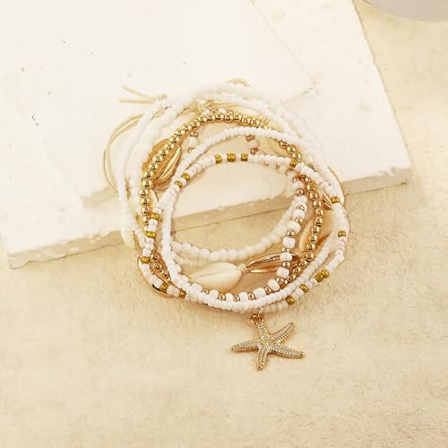 Shell Anklets Bracelet for Women Waterproof Surfer Starfish Bracelet Puka Shell Anklet Colorful Boho Stack Stretch Bead Bracelet Set Hawaii Summer Beach Vacation Foot Jewelry - color: Gold