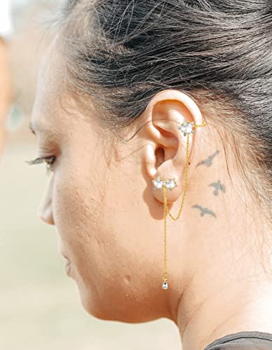 Tornito 6-12Pcs Cuff Earring Chain Leaf Snowflake Star Butterfly with CZ Crawler Climber Earring Studs Drop Dangling Chain Wrap Tassel Earring for Women Men 20G Silver Gold Tone - color: B:Gold Tone