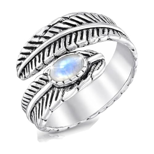 Silver Plated Feather Ring | 925 Silver Adjustable Open Ring | Vintage Leaf Design Inspirational Jewelry for Men & Women | Hypoallergenic Boho Statement Ring - color: Moonstone