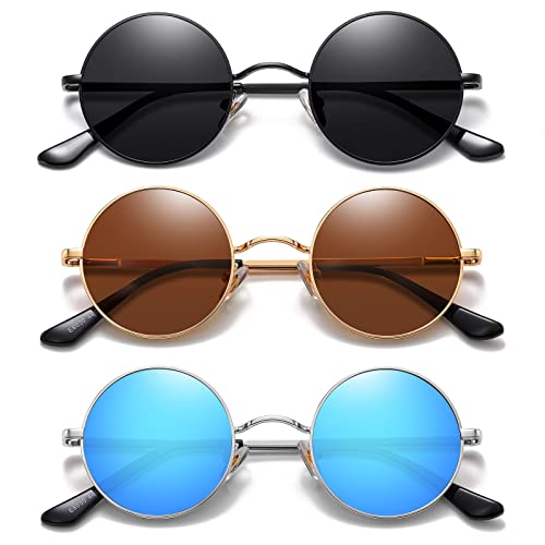 MEETSUN Small Round Polarized Sunglasses for Men Women Metal Retro Hippie Circle Sun Glasses Driving Festival Cosplay UV400 - color: Black+brown+blue