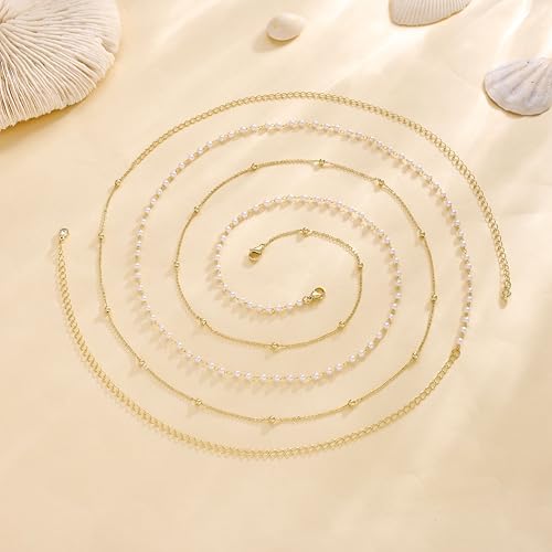 Risamil Waist Chain for Women, Dainty Gold Plated Belly Chain for The Waist Adjustable Waterproof Sexy Bikini Satellite Beads Sparkle Chain Simple Body Chain Summer Jewelry Gifts for Women - style: Pearl1