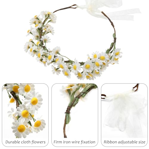 AWAYTR Flower Hippie Floral Crown - Boho Sunflower Headband for Women, Hippie Costume and Hair Accessories (White) - color: White
