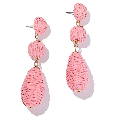 Boho Raffia Earrings Statement Dangle Earrings Cute Teardrop Ball Earrings Colorful Summer Jewelry Handmade Rattan Earrings for Women - color: Coral