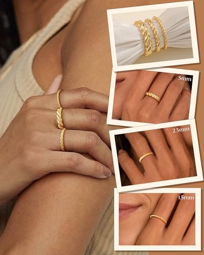 Silver Gold Rings for Women Non Tarnish 14K Gold Plated Stackable Rings for Women Stacking Thumb Pinky Eternity Cubic Zirconia Engagement Wedding Band Ring Set Woman Jewelry 1.5mm 2.5mm 5mm - color: E-Gold Twist Rings