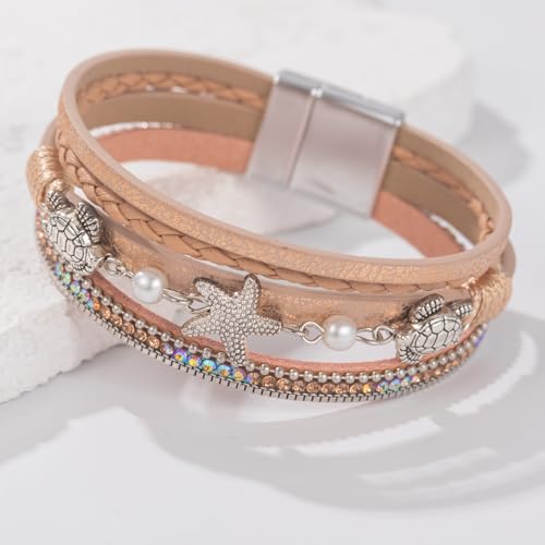 FANCY SHINY Turtle Starfish Leather Wrap Bracelet Boho Rhinestone Pearl Cuff Bracelets for Women Summer Beach Jewelry for Women - color: Rose Gold