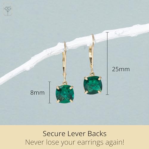 14k White or Yellow Gold Cushion Cut Gemstone Dangle Earrings for Women with 8mm Birthstones by MAX + STONE - color: Created-Emerald