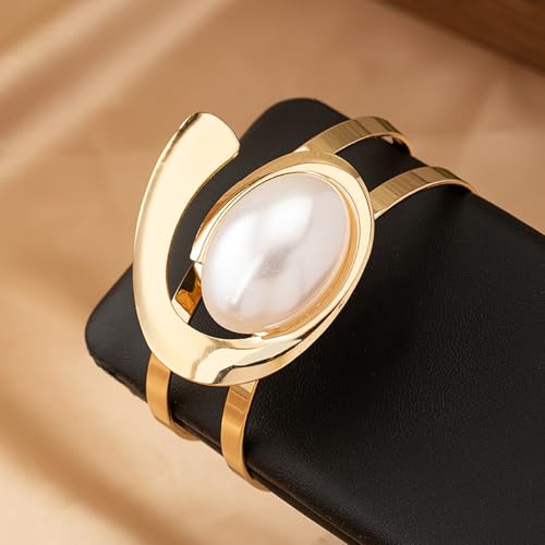 Boho Open Bracelet Ring Set for Women Black and Gold Jewelry Set Oval Cuff Bracelet Adjustable Ring Vintage Jewelry - style: Pearl