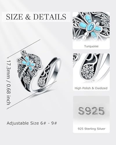 Turquoise Jewelry - Sterling Silver Turquoise Rings Vintage Adjustable Sunflower Dragonfly Butterfly Spoon Ring Victorian Style Boho Antique Flower Thumb Statement Rings Jewelry Gifts for Women