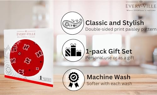 Gift Packaging Bandana for Men Women - 100% Cotton, Paisley, 22x22 In, 1 Pack - Large Bandanna Handkerchief Cowboy Hanky - color: Red