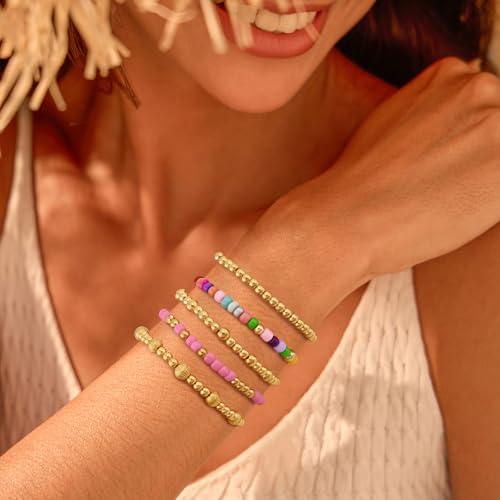 VIBILIA Gold Beaded Bracelets Set for Women 14K Gold Plated Dainty Pearl Cross Bracelet Stack Stretch Bracelet Set Fashion Accessories Gifts - color: 5P-MZ-Color