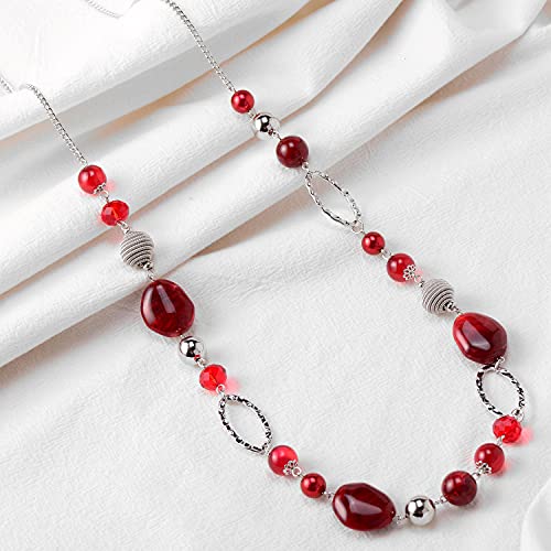 BULINLIN Beaded Long Necklace for Women Silver Sweater Chain Necklace with Crystal Resin Beads, Fashion Jewelry Necklace - color: Red