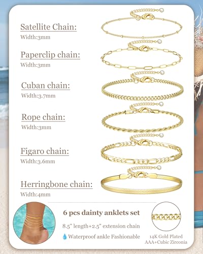Besteel Ankle Bracelets for Women Waterproof - 14K Gold Plated Non Tarnish Layered Cuban Link Chain Rope Figaro Herringbone Anklets Set Plus Size Anklet Summer Foot Jewelry Gift Adjustable 8-12 Inch - style: 6 Pcs Gold Cuban-8.5+2.5 Inch