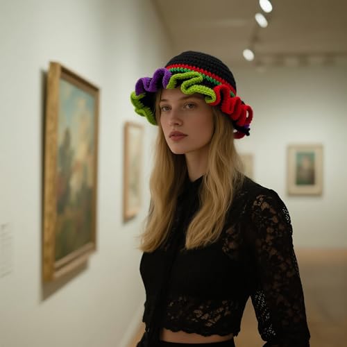 Handmade Crochet Bucket Hat for Women Boho Chic Slouchy Design Colorblock Ruffled Brim Festival&Daily Crochet Hat - color: Black Crown Contrasting