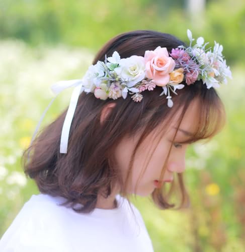 Vivivalue Fairy Flower Crown Woodland Headband Elf Floral Headpiece for Women Forest Even Circlet Halloween Renaissance Wedding Bridal Cosplay Prom Photo Props Beige - color: 7